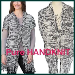 Pure Handknit Black/White Cotton Knit Fringe Long Vest Cardigan Sweater (XS/S)